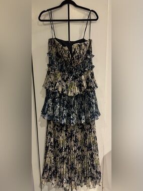 Amur Tiered Strapless Floral Maxi Dress in Navy, Olive & Cream